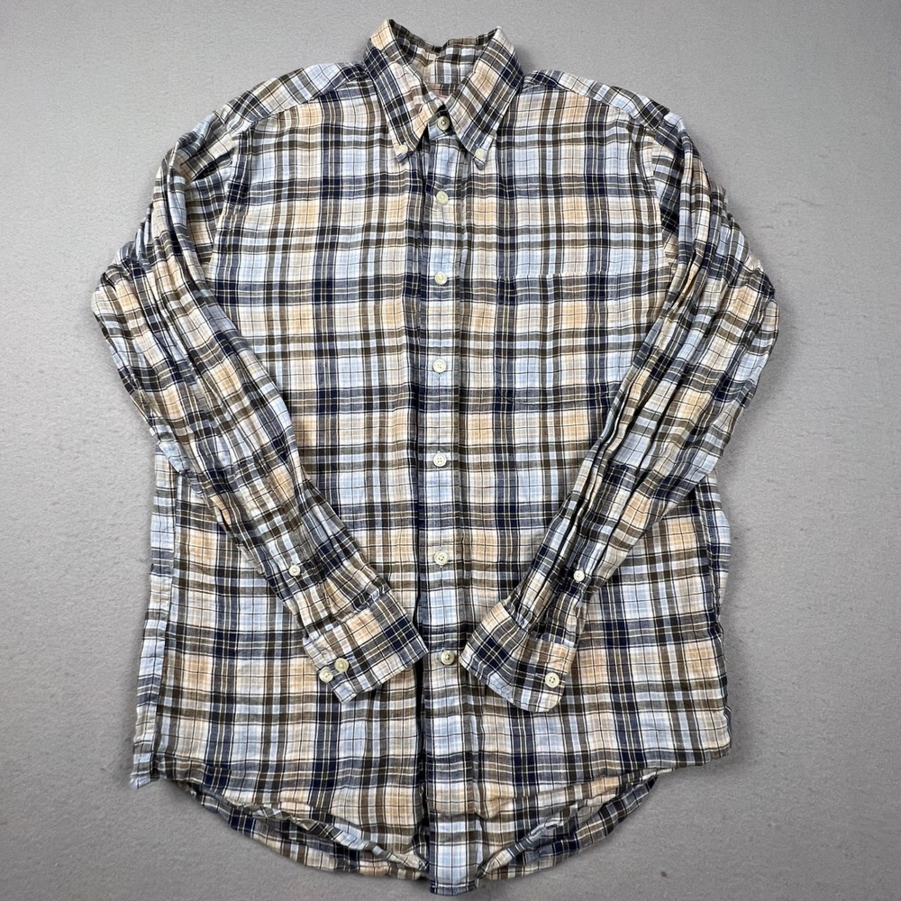 Brooks Brothers Button Down Mens S Blue Plaid Irish Linen Regular Fit Preppy